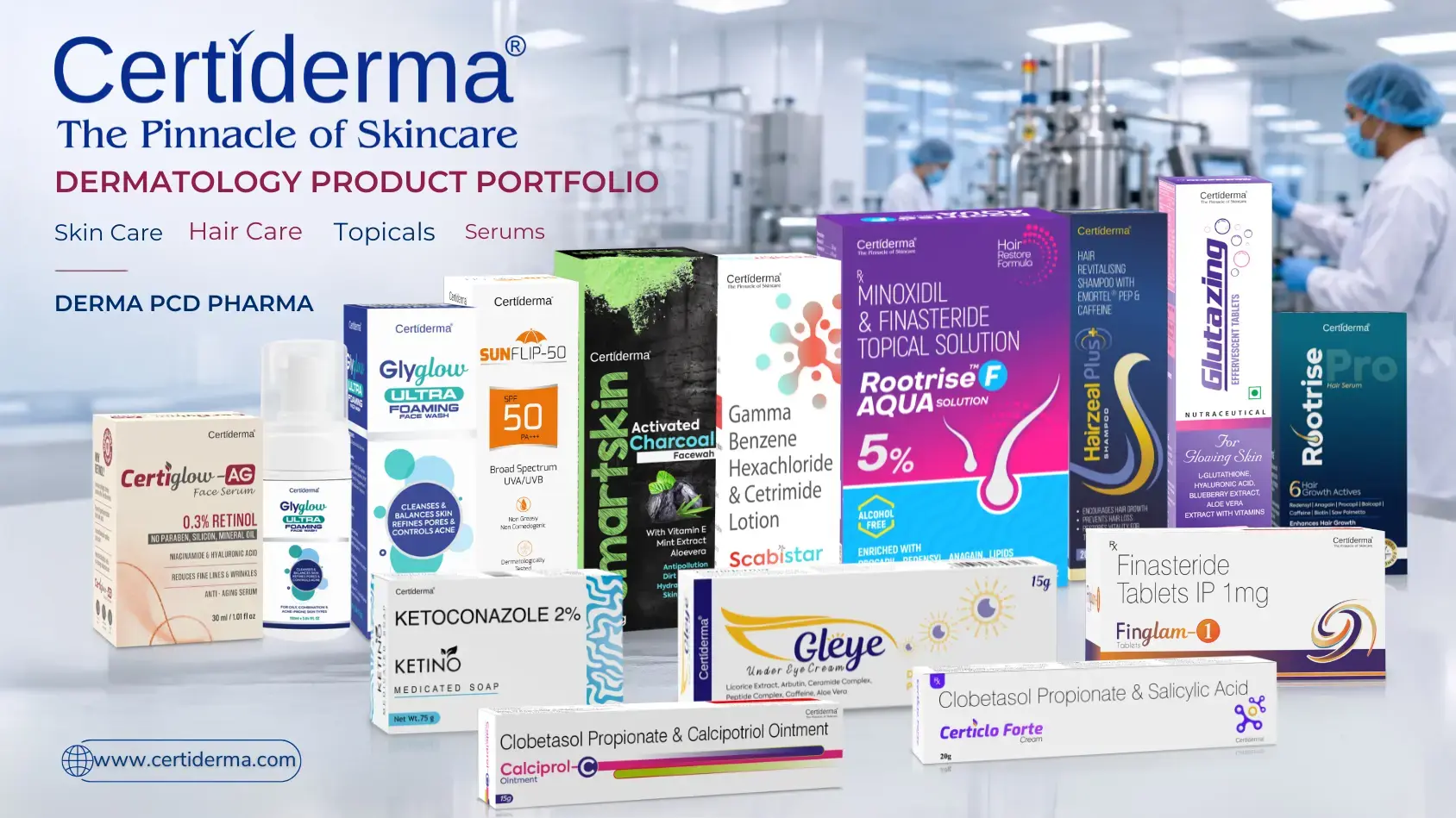 Certiderma dermatology product portfolio featuring skin care hair care topical formulations serums and specialized Derma PCD Pharma products across India