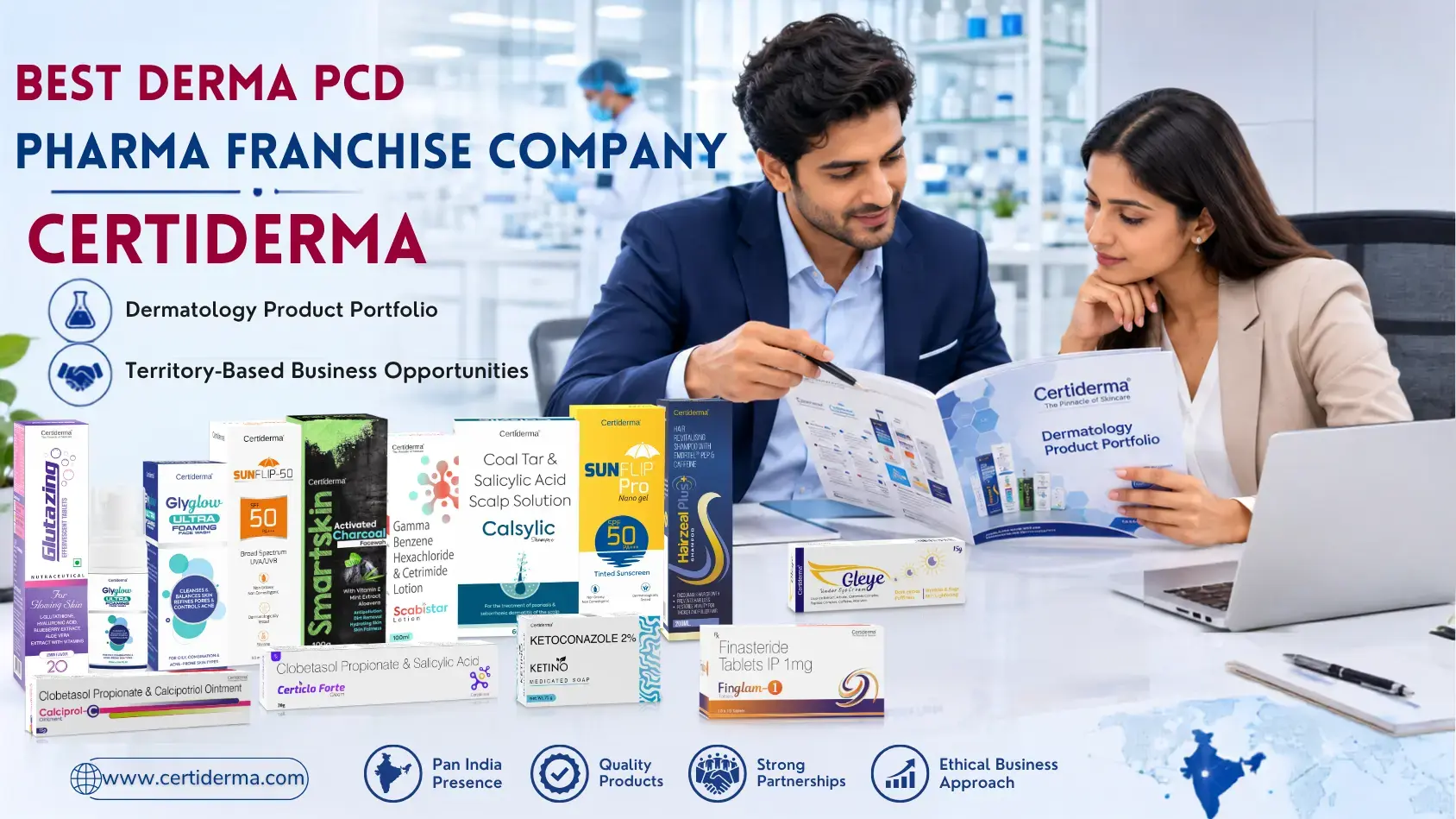 Certiderma Derma PCD Pharma business opportunity featuring dermatology products territory-based partnerships and professional pharmaceutical distribution support across India markets