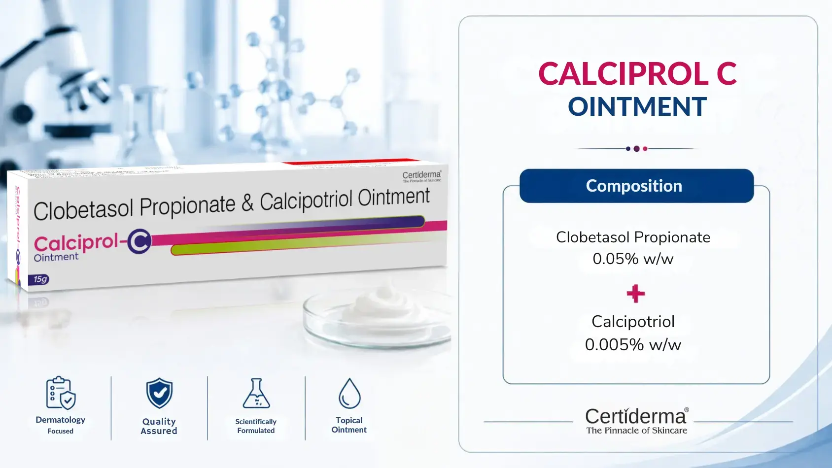 CALCIPROL C OINTMENT composition showing Clobetasol Propionate 0.05% w/w and Calcipotriol 0.005% w/w from Certiderma dermatology portfolio