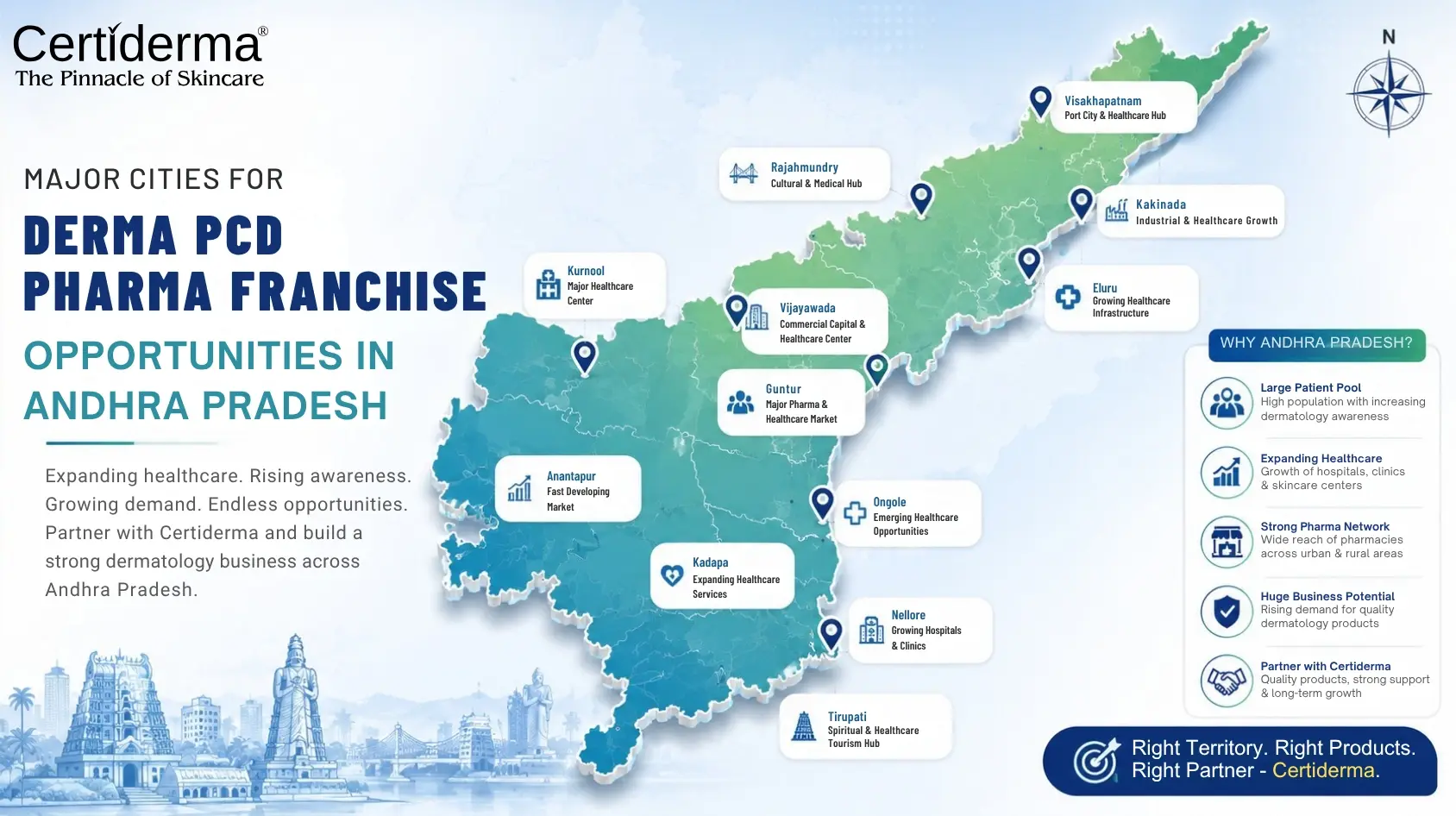 Andhra Pradesh map highlighting major cities for Derma PCD Pharma Franchise opportunities