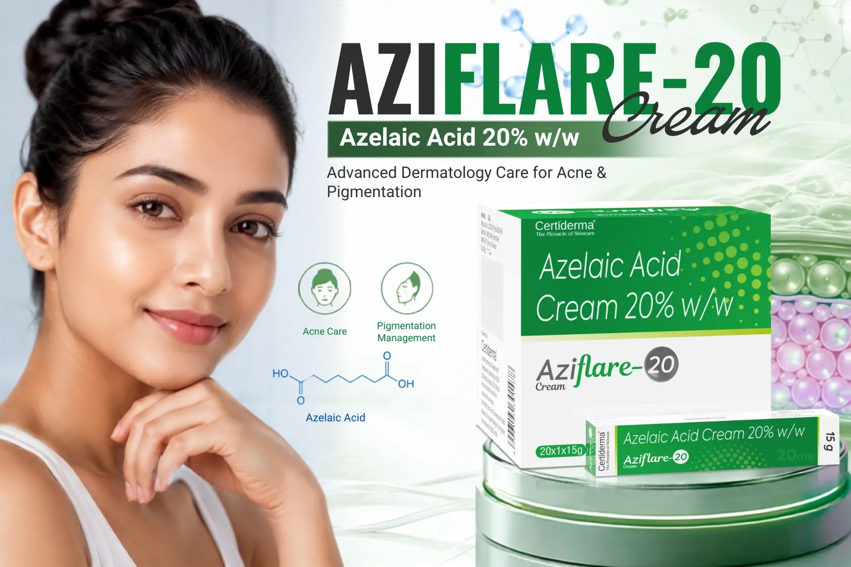 AZIFLARE-20 Cream by Certiderma with Azelaic Acid 20% w/w for acne-prone skin, pigmentation concerns, dark spots, post-acne marks and dermatologist-guided skincare.