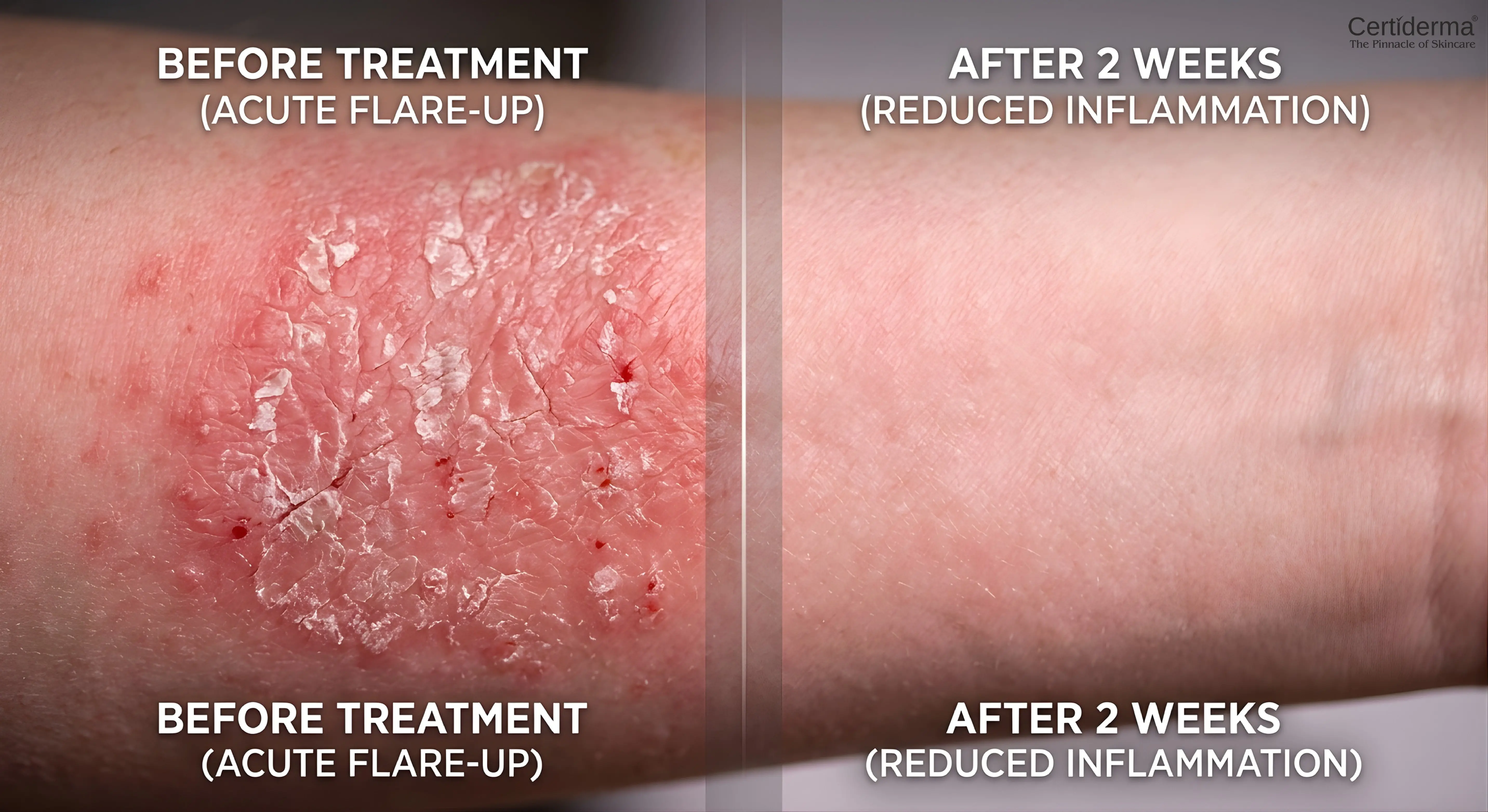 Before and after treatment results showing reduced psoriasis inflammation with Certiclo Clobetasol Propionate Cream image by Certiderma
