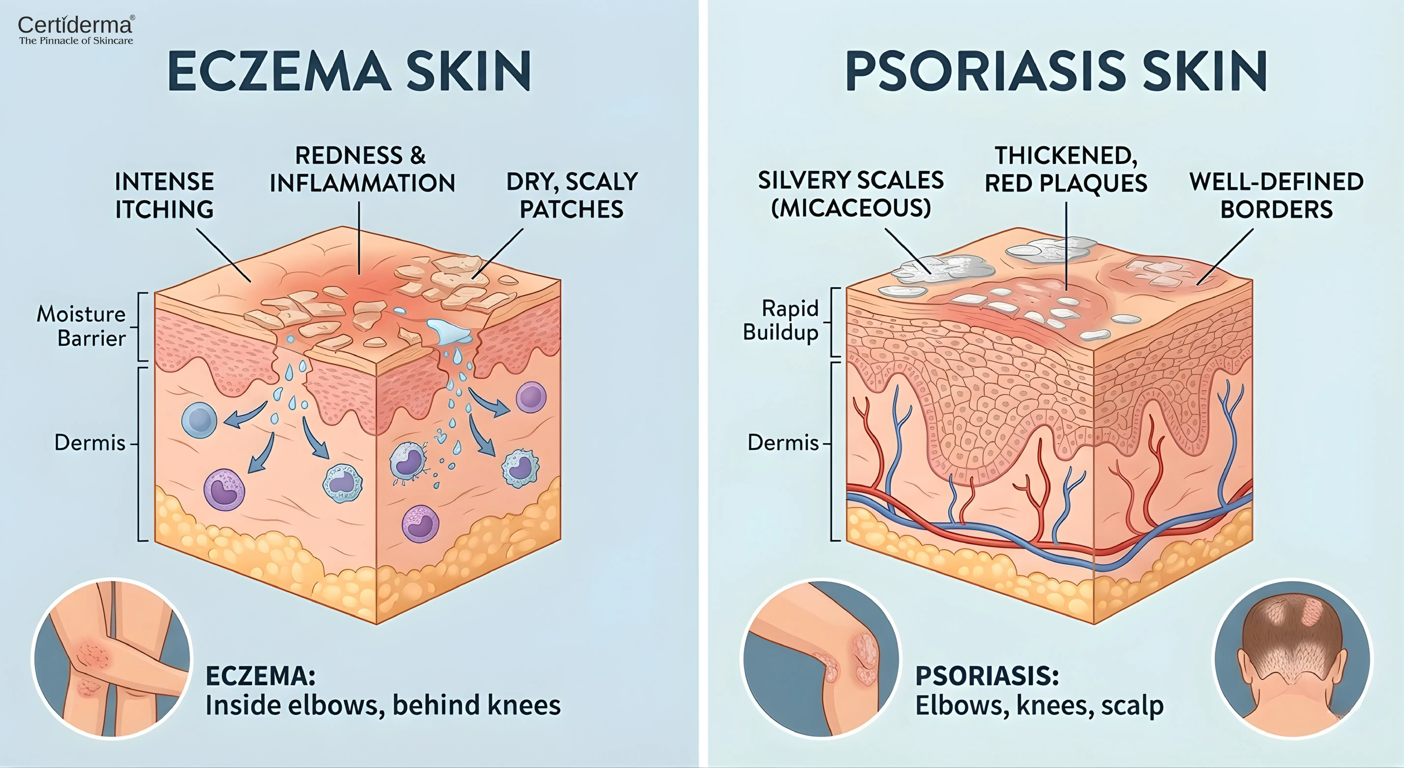 Medical diagram showing skin layer differences between eczema skin and psoriasis skin image by Certiderma