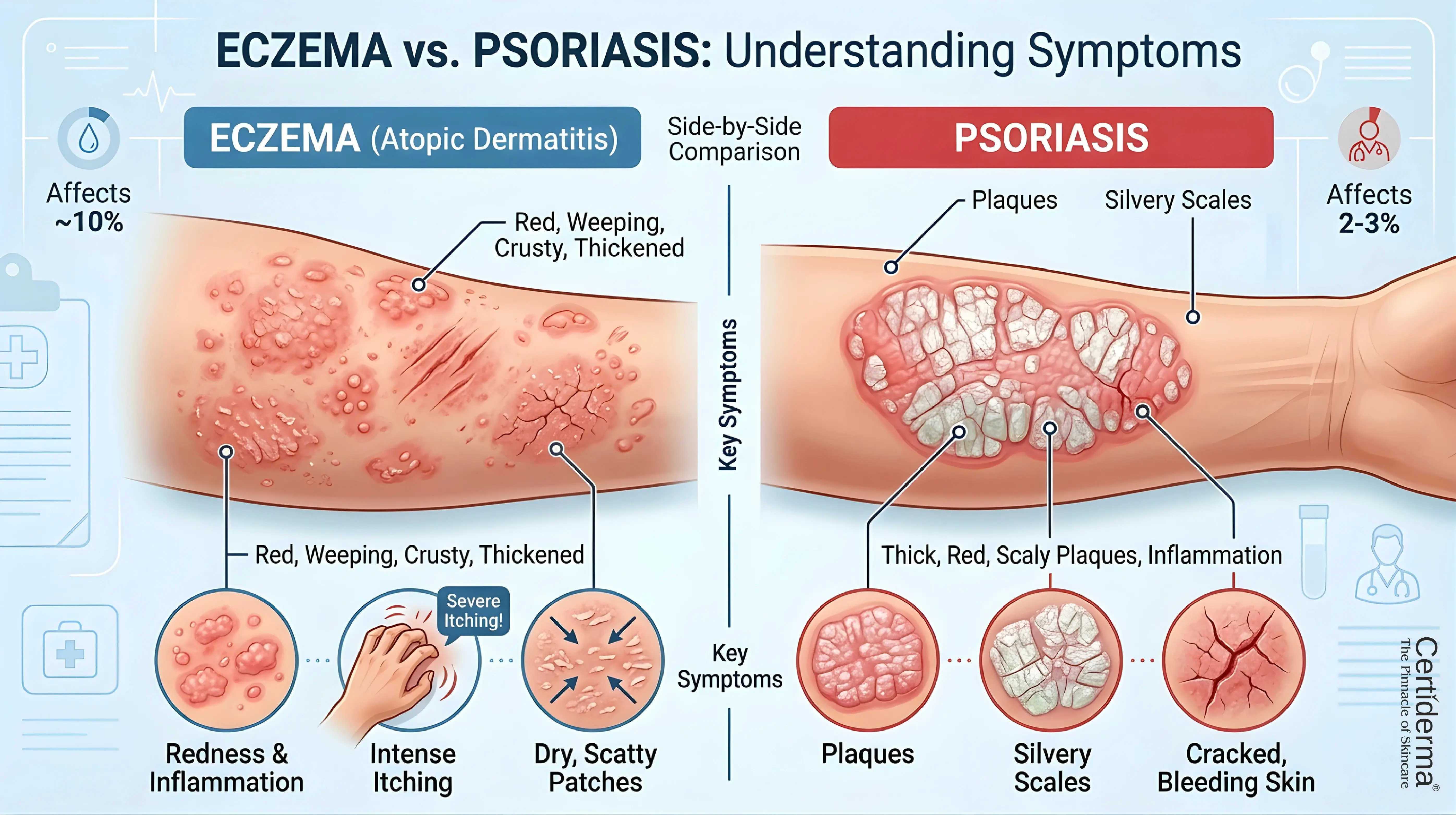 Infographic comparing eczema and psoriasis symptoms including redness, itching, plaques and scaling image by Certiderma