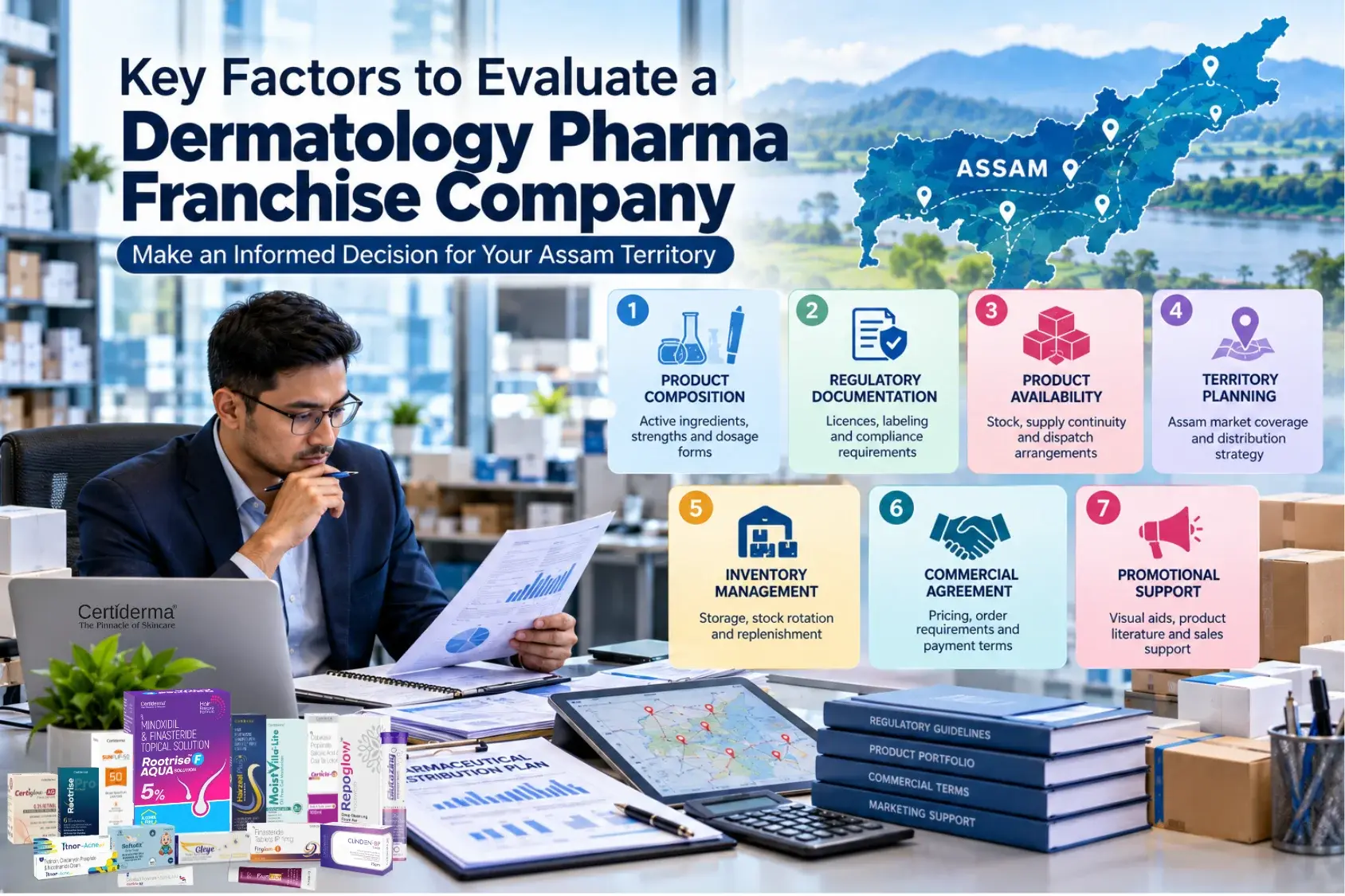 key-factors-evaluate-dermatology-pharma-franchise-company-assam-certiderma-product-composition-regulatory-availability-territory-business